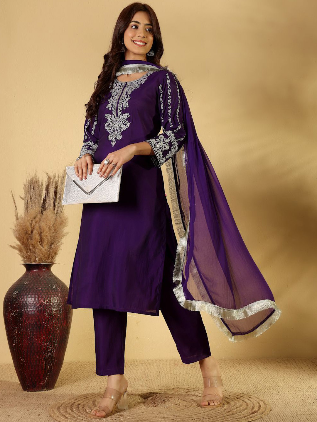 

House of Pataudi Embroidered Zari & Sequin Kurta With Trouser & Dupatta, Purple