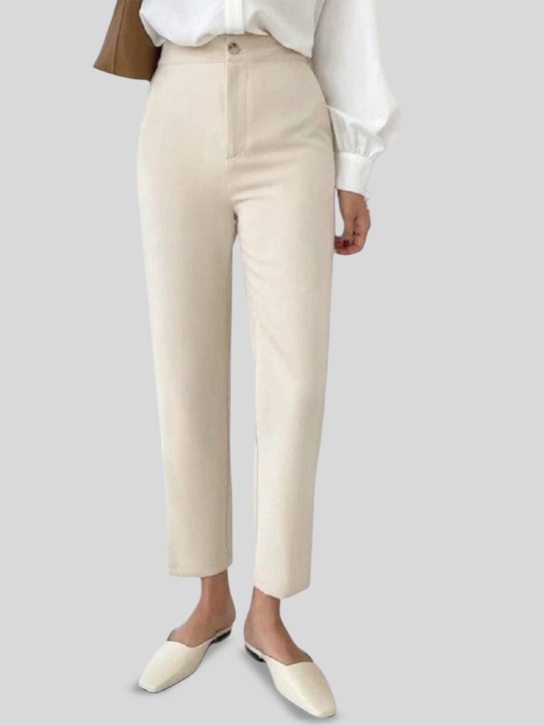 

FNOCKS Women Original Slim Fit High-Rise Flat-Front Cotton Formal Trouser, Cream