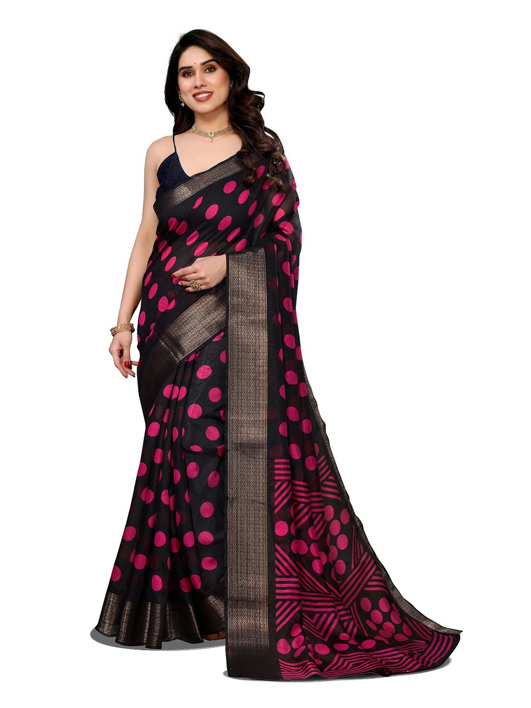 

Moda Rapido Polka Dot Zari Saree, Pink