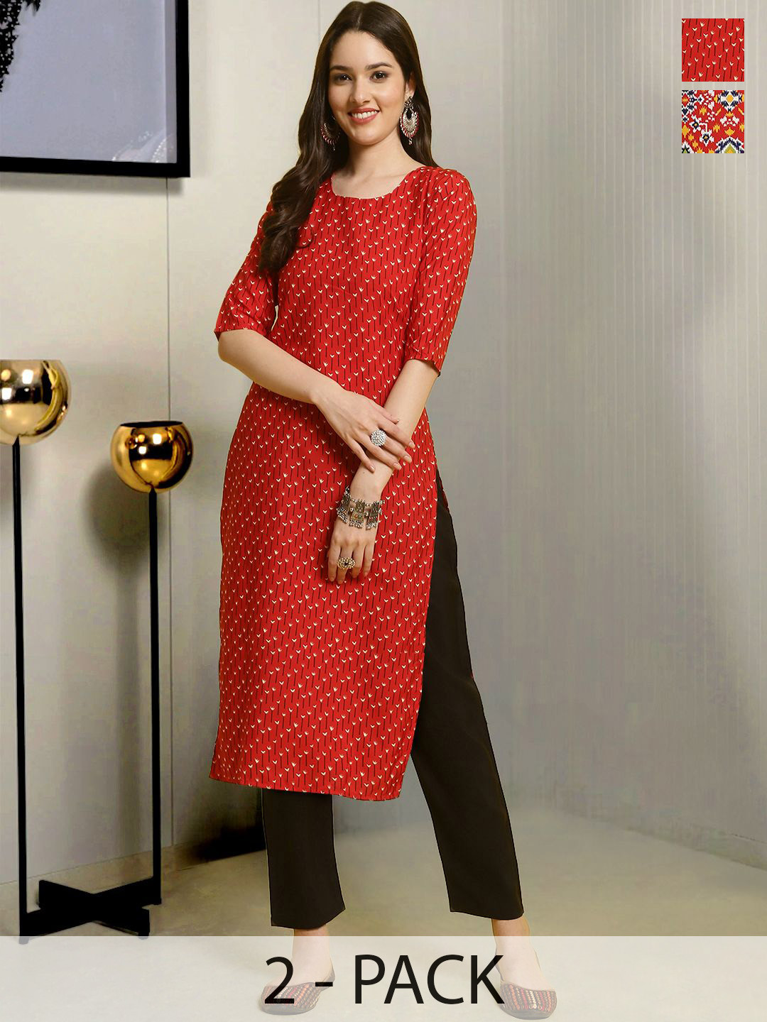 

Moda Rapido Selection Of 2 Floral Printed Round Neck Straight Kurtas With Trousers, Red