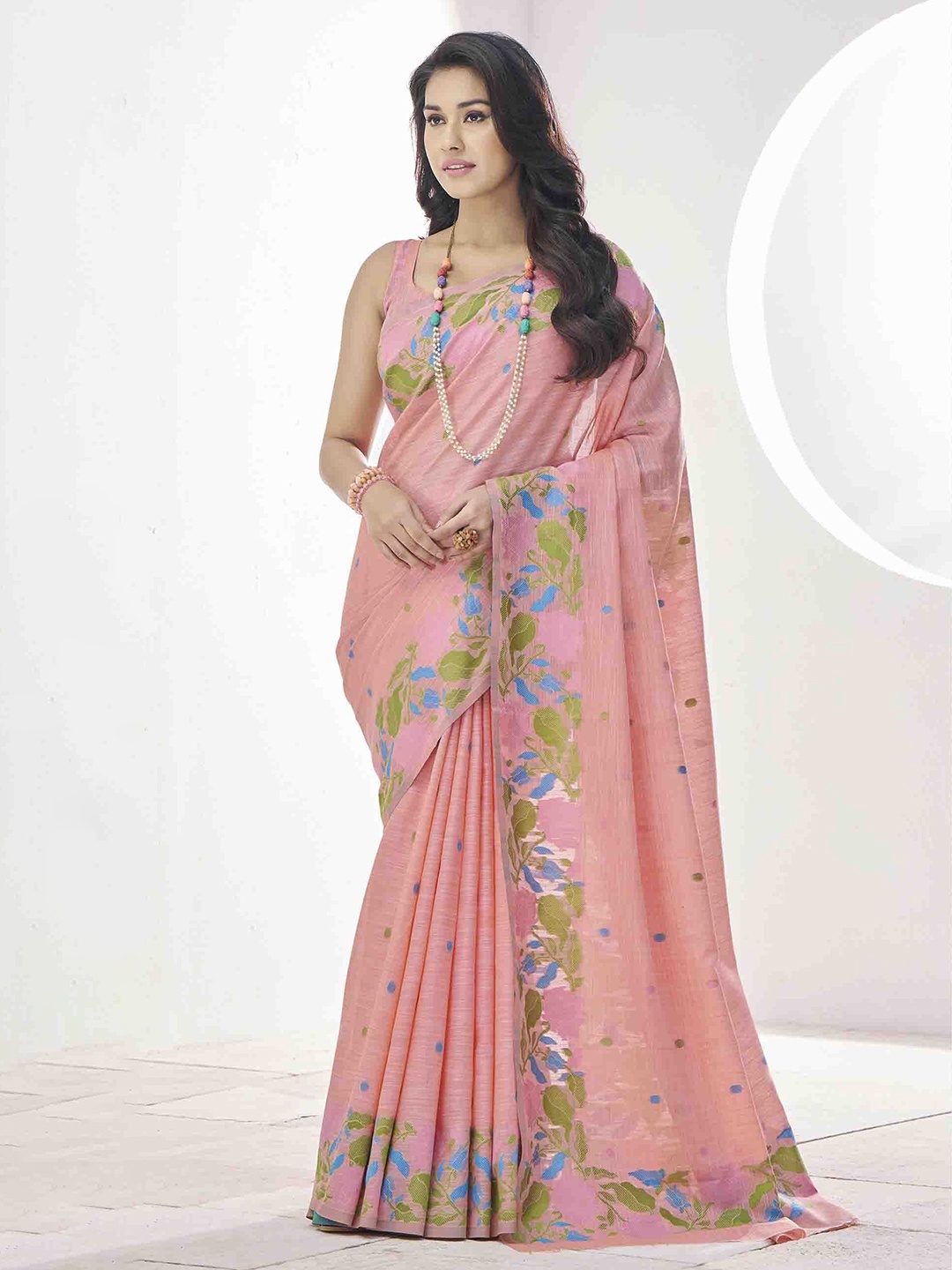 

Mitera Linen Blend Handloom Saree, Peach