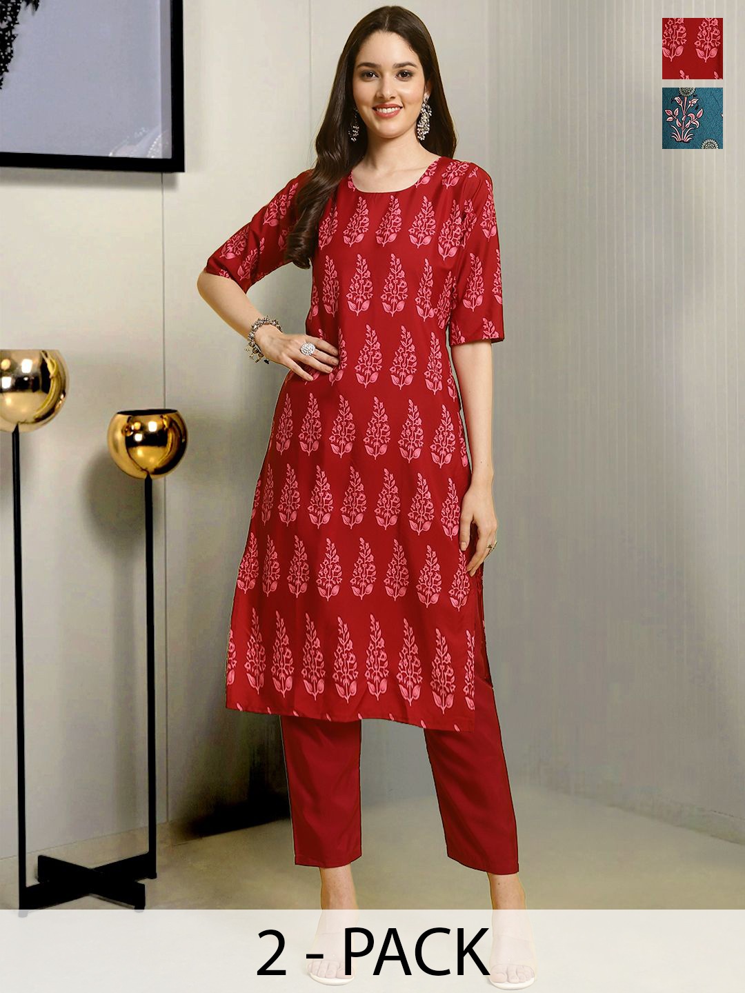 

Moda Rapido Selection Of 2 Floral Printed Round Neck Straight Kurtas With Trousers, Red