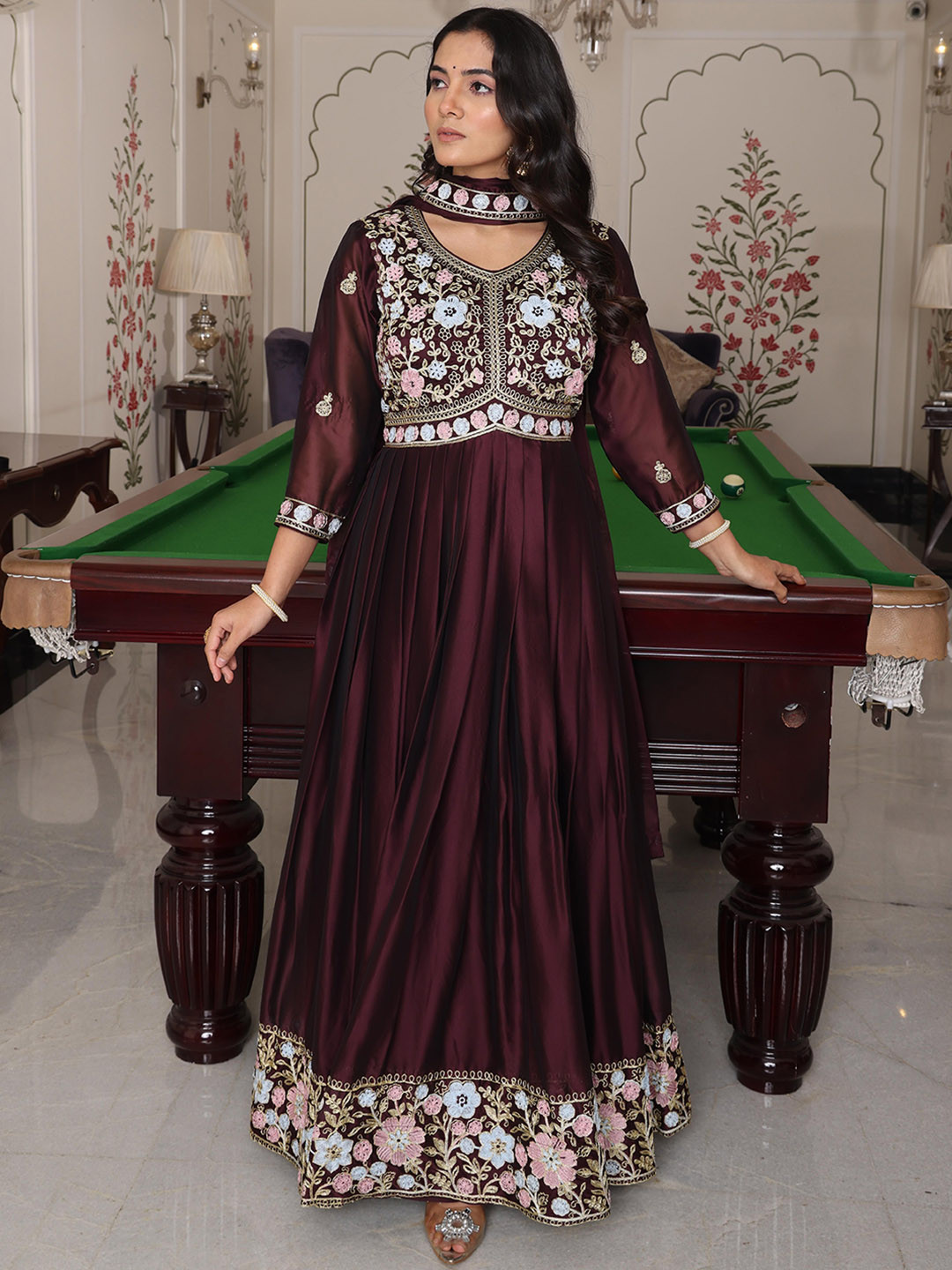 

Warthy Ent Floral Embroidered Anarkali Ethnic Dress With Dupatta, Coffee brown