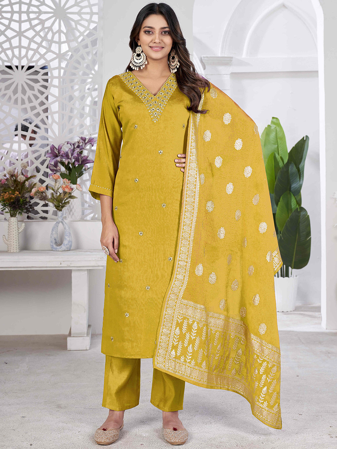 

SIDYAL Women Embroidered Regular Sequinned Pure Cotton Kurta with Trousers & With Dupatta, Yellow