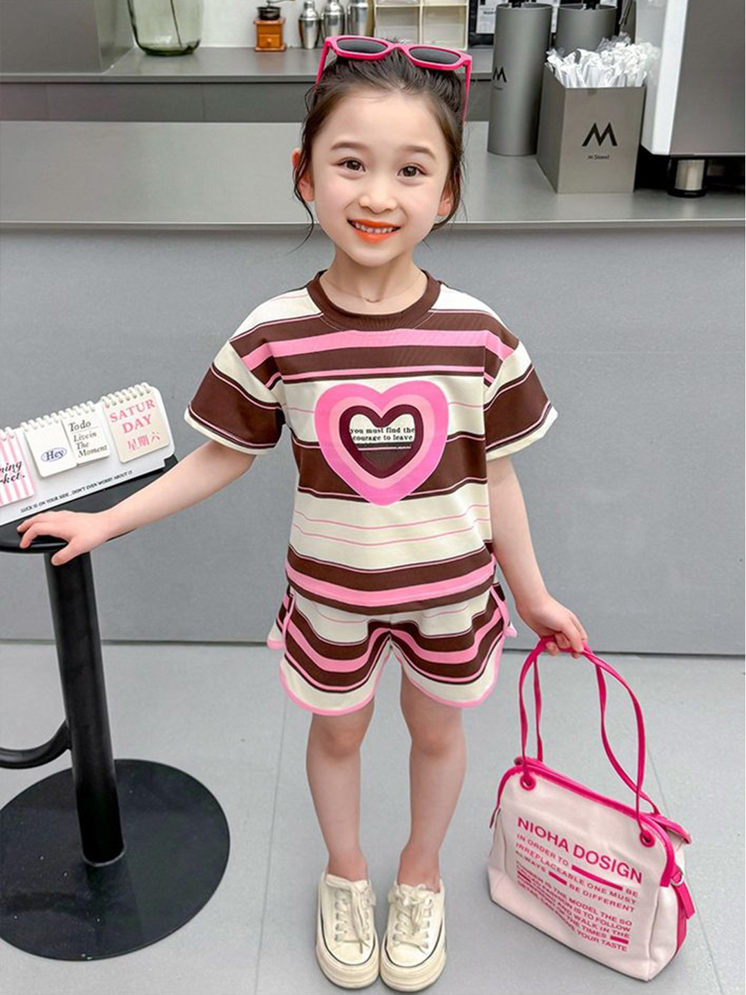 

LULU & SKY Girls Striped Round Neck Pure Cotton T-shirt With Shorts, White