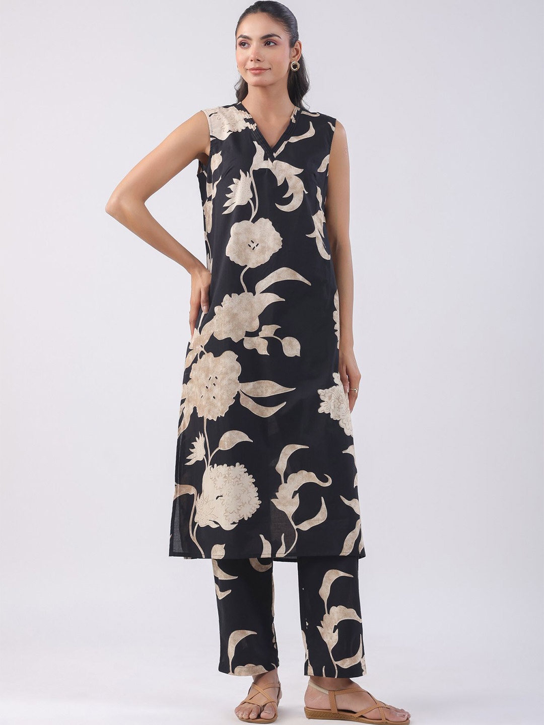 

JISORA Printed V-Neck Pure Cotton Tunic With Trousers Co-Ords Set, Black