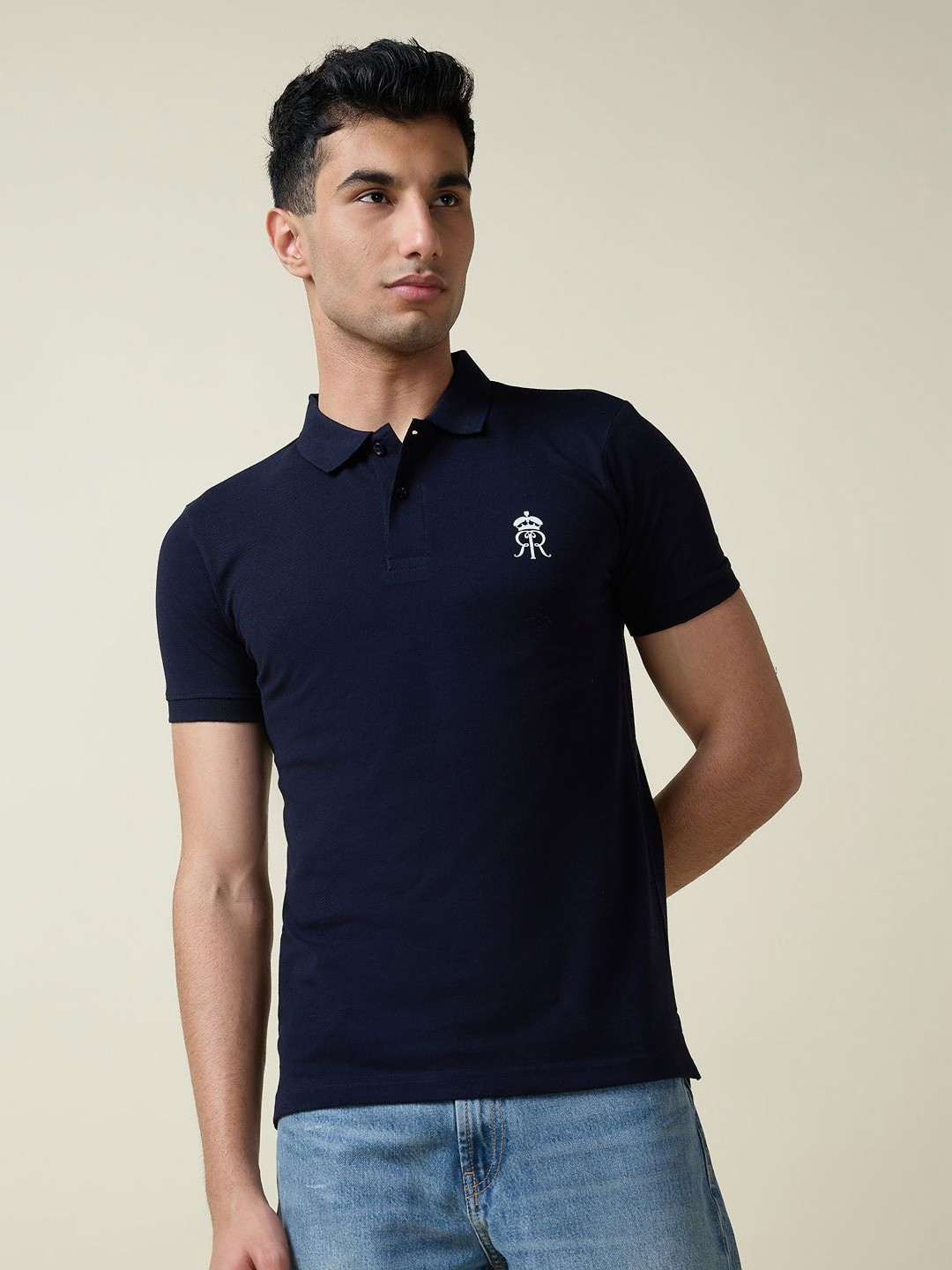 

FanCode Men Brand Logo Printed Polo Collar Applique T-shirt, Navy blue