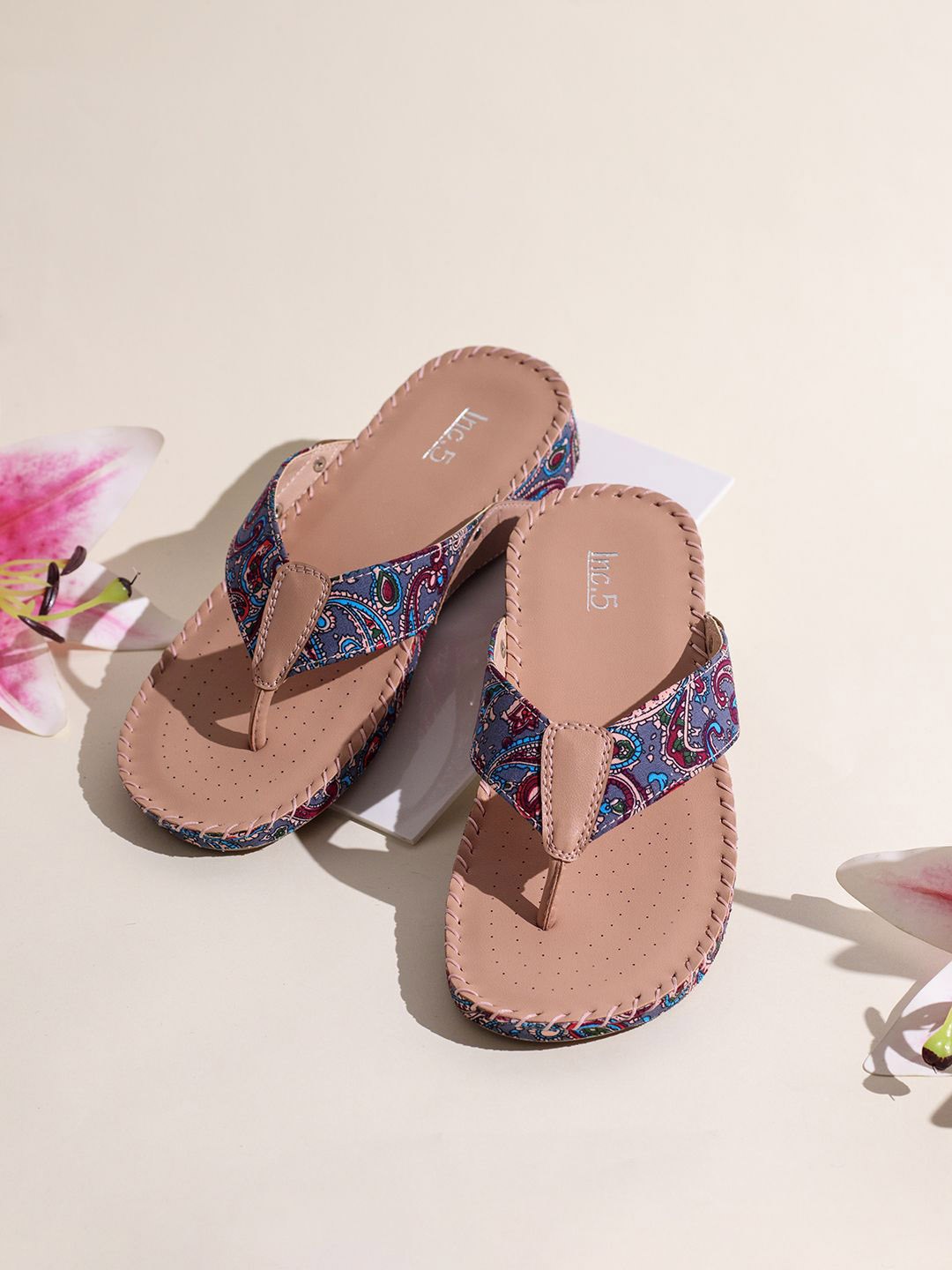 

Inc 5 Women Printed Ethnic T-Strap Flats, Peach