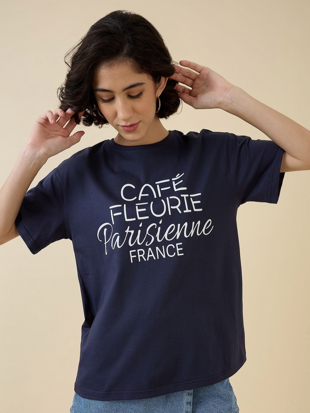 

Mast & Harbour Women Printed Applique T-shirt, Navy blue