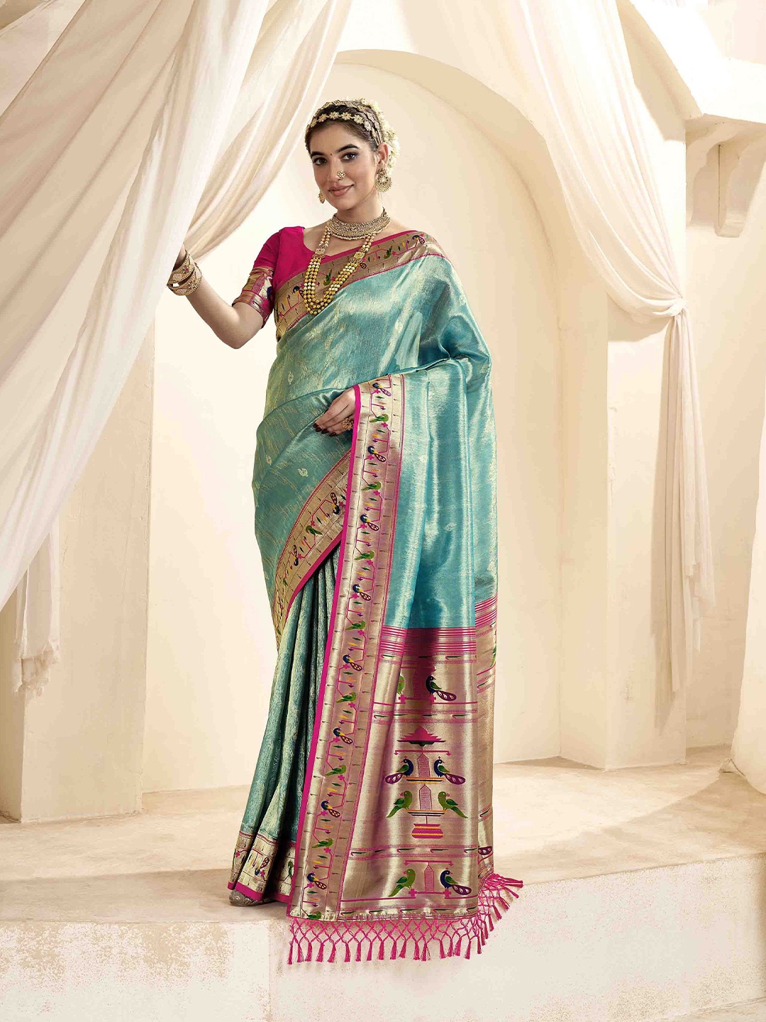 

Blissta Woven Design Zari Silk Blend Paithani Saree, Turquoise blue