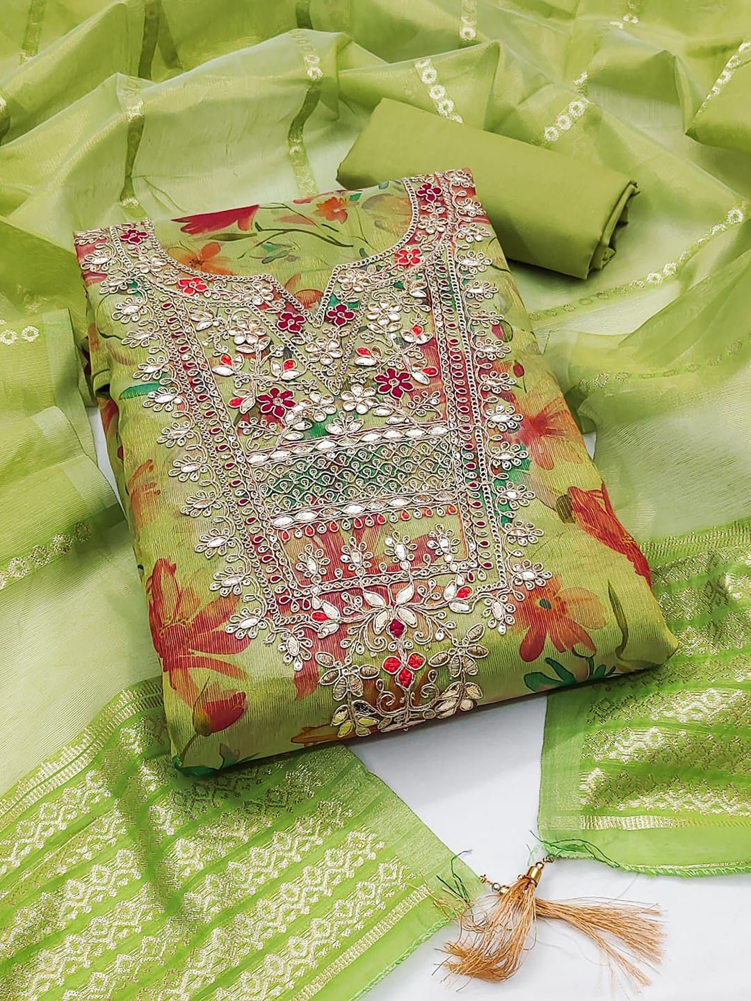 

BlissFlair Floral Printed Thread Work Organza Unstitched Dress Material, Green