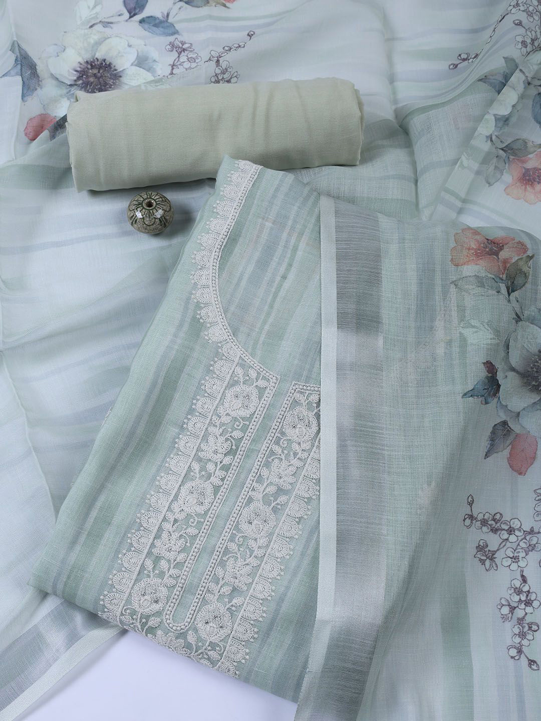 

Meena Bazaar Printed Linen Unstitched Dress Material, Green