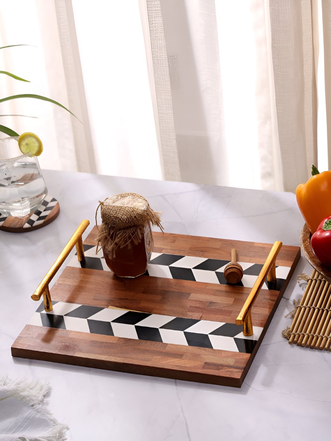 

DULI Brown & White Printed Wooden Serving Tray