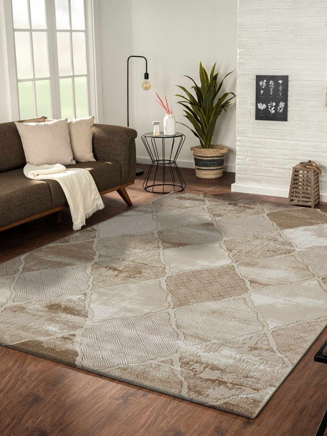 

OBSESSIONS Beige Geometric Anti-Skid Polyester Carpet