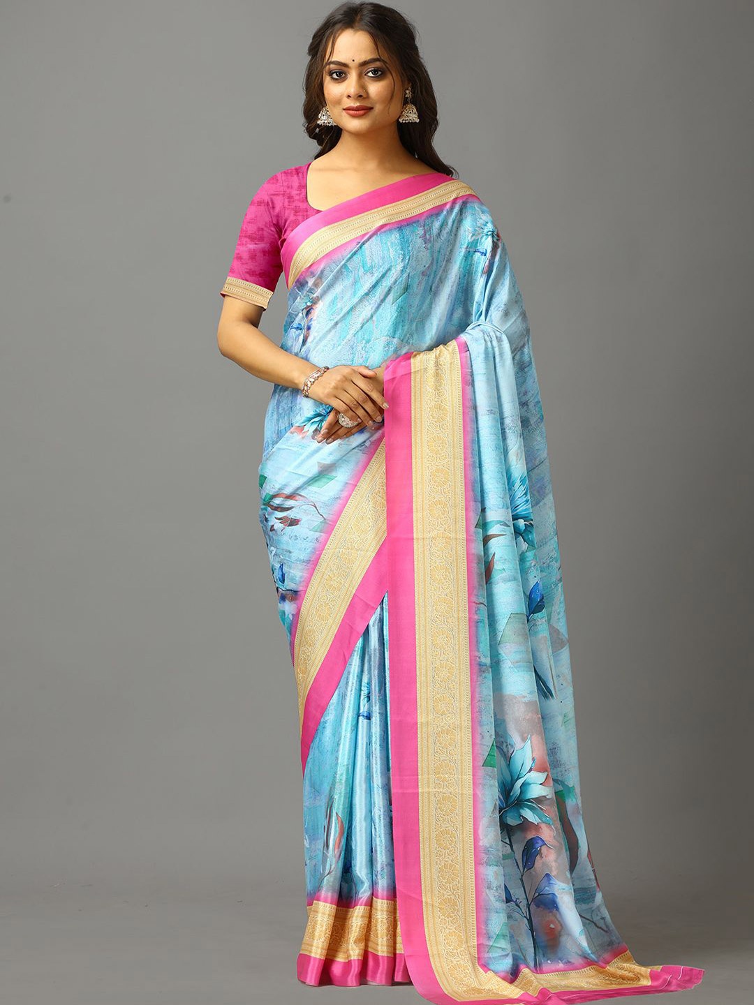 

VIRENDRA TEXTILES Floral Pure Crepe Saree, Pink