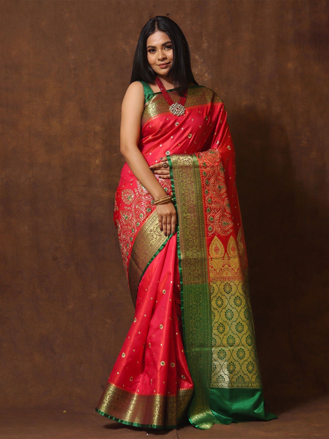 

GS CREATION Woven Design Zari Satin Banarasi Saree, Pink