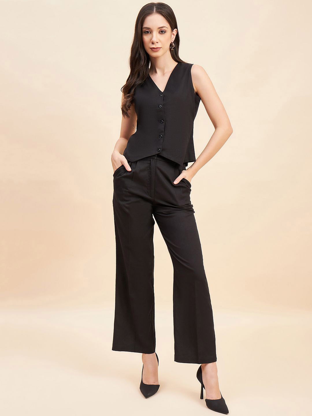 

JEFF COOPER V-Neck Linen Waistcoat With Trouser, Black