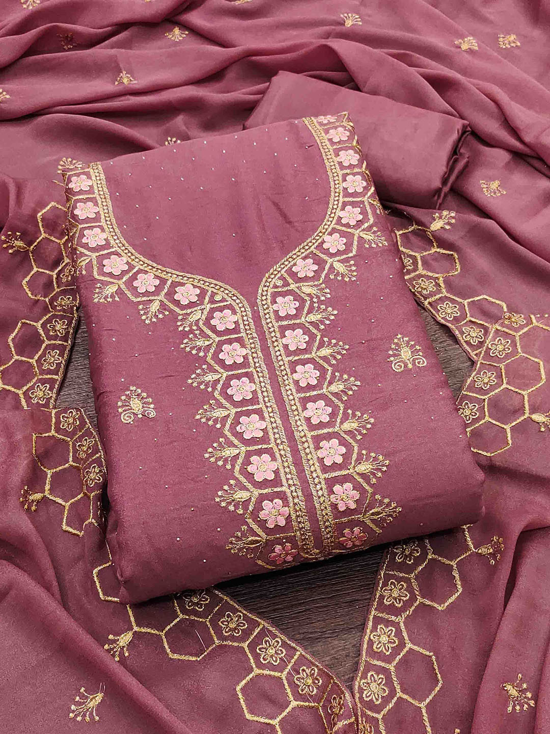 

Blissta Embroidered Unstitched Dress Material, Mauve
