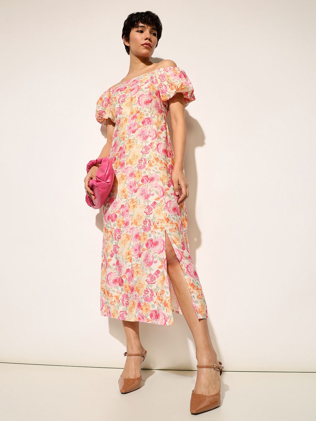 

ONLY Floral Print Puff Sleeve Fit & Flare Midi Dress, Pink