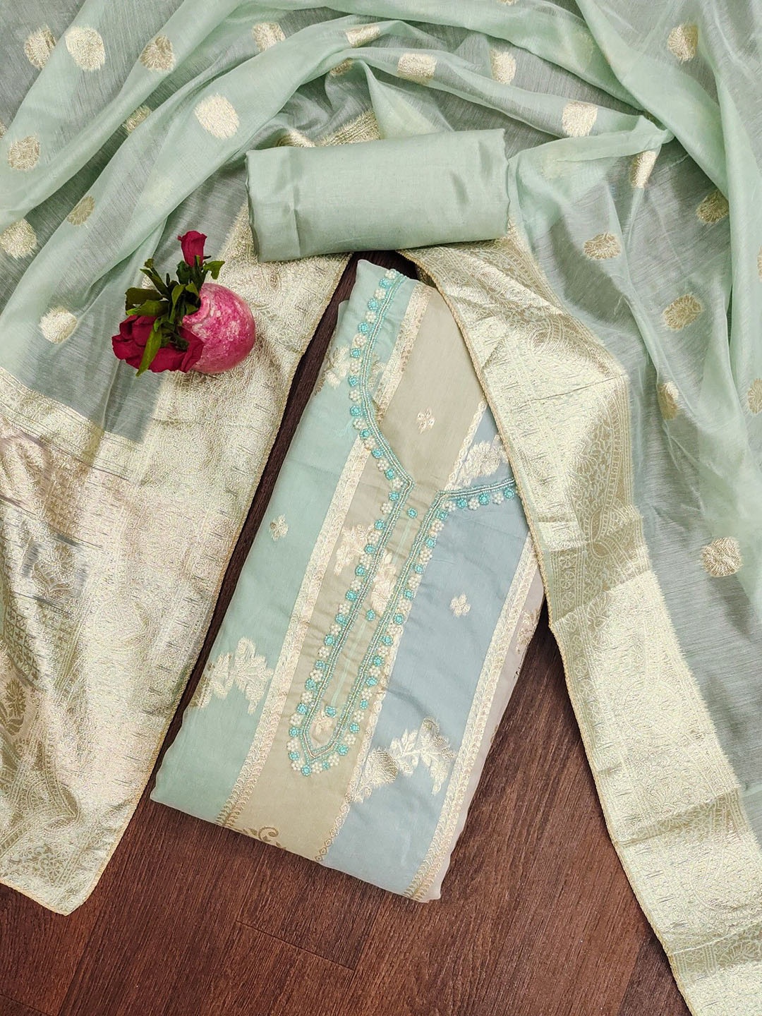 

Rangtulika Floral Woven Design Embroidered Unstitched Dress Material, Sea green