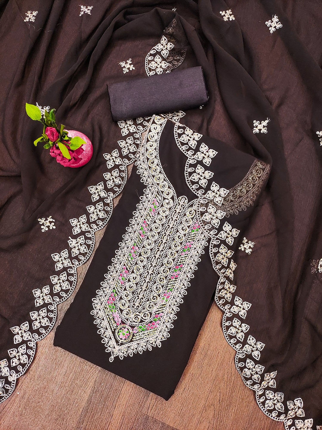 

Rangtulika Ethnics Embroidered Unstitched Dress Material, Brown
