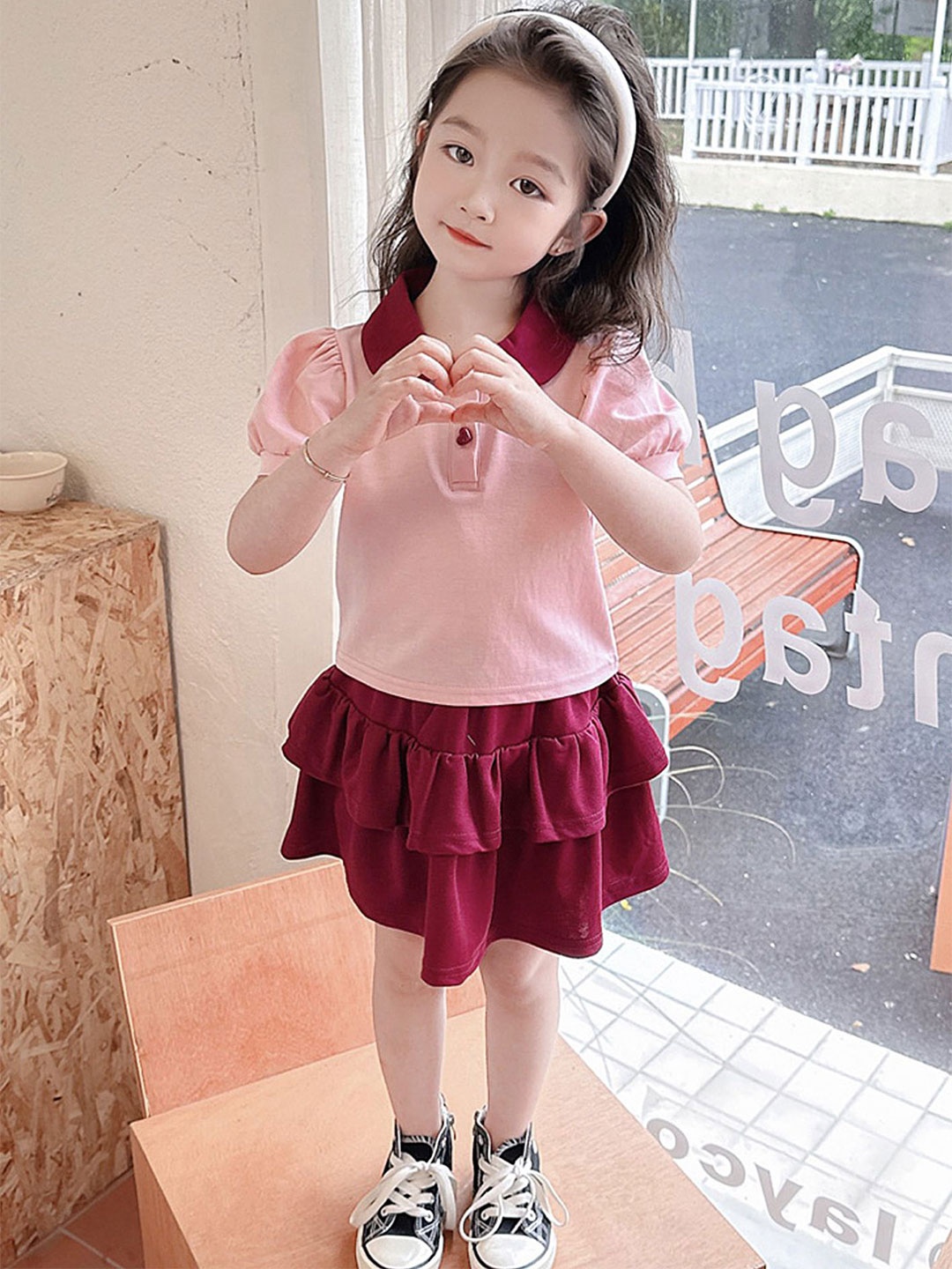 

LULU & SKY Girls Collared Neck Short Sleeves Shirt with Skirt, Pink