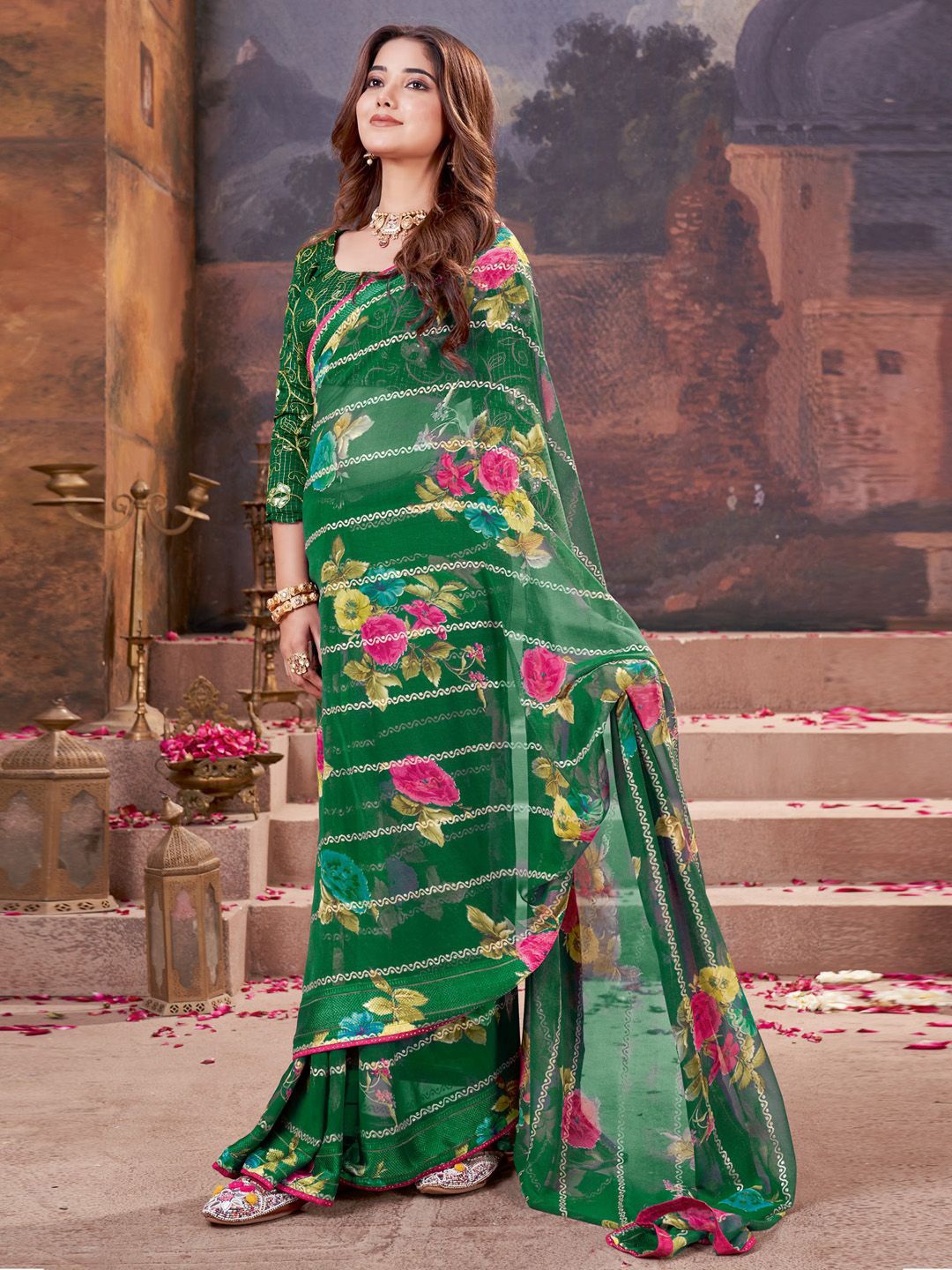 

Anouk Rustic Floral Poly Georgette Saree, Green