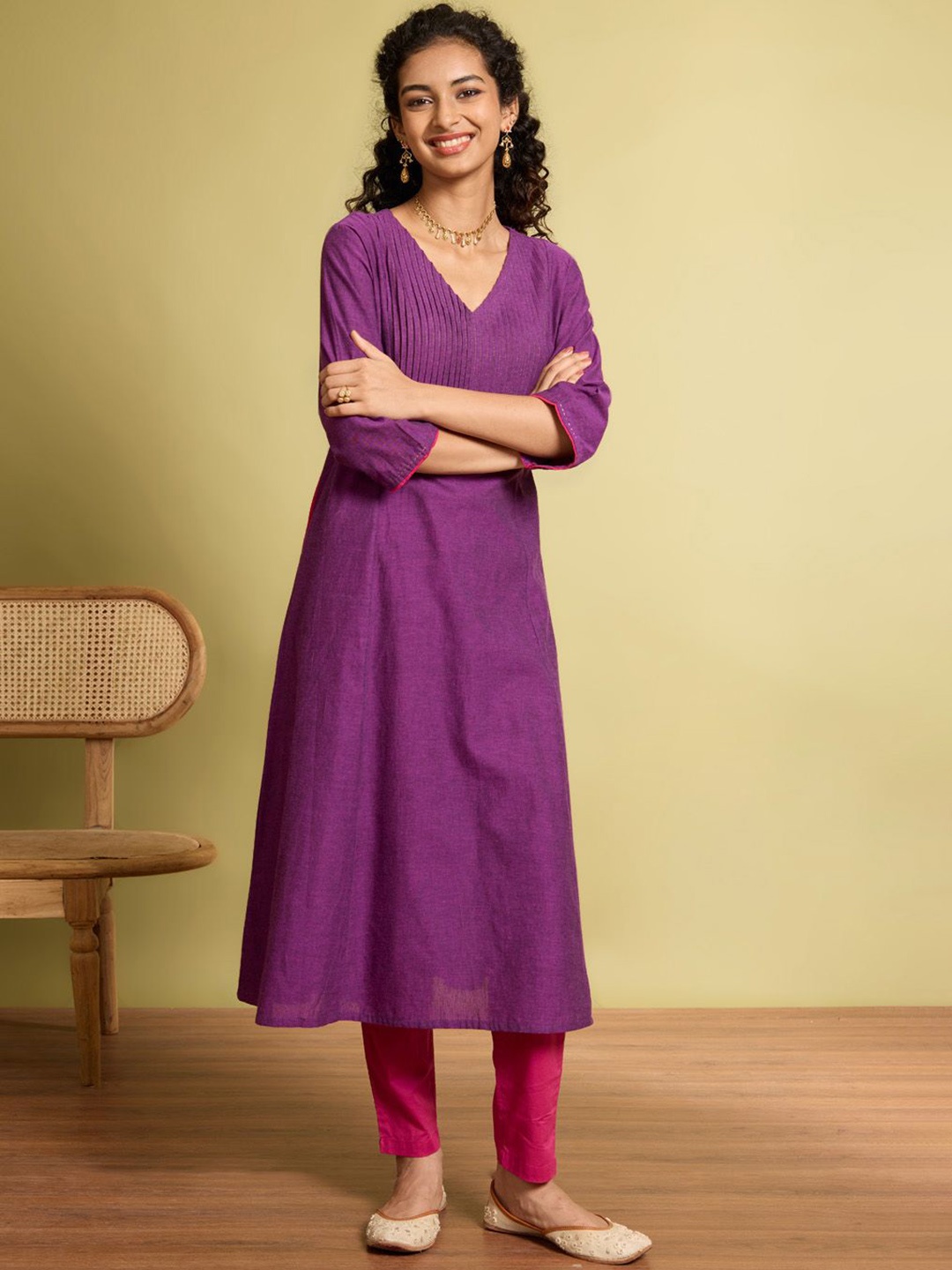 

Taneira V-Neck Pure Cotton A-Line Kurta, Purple