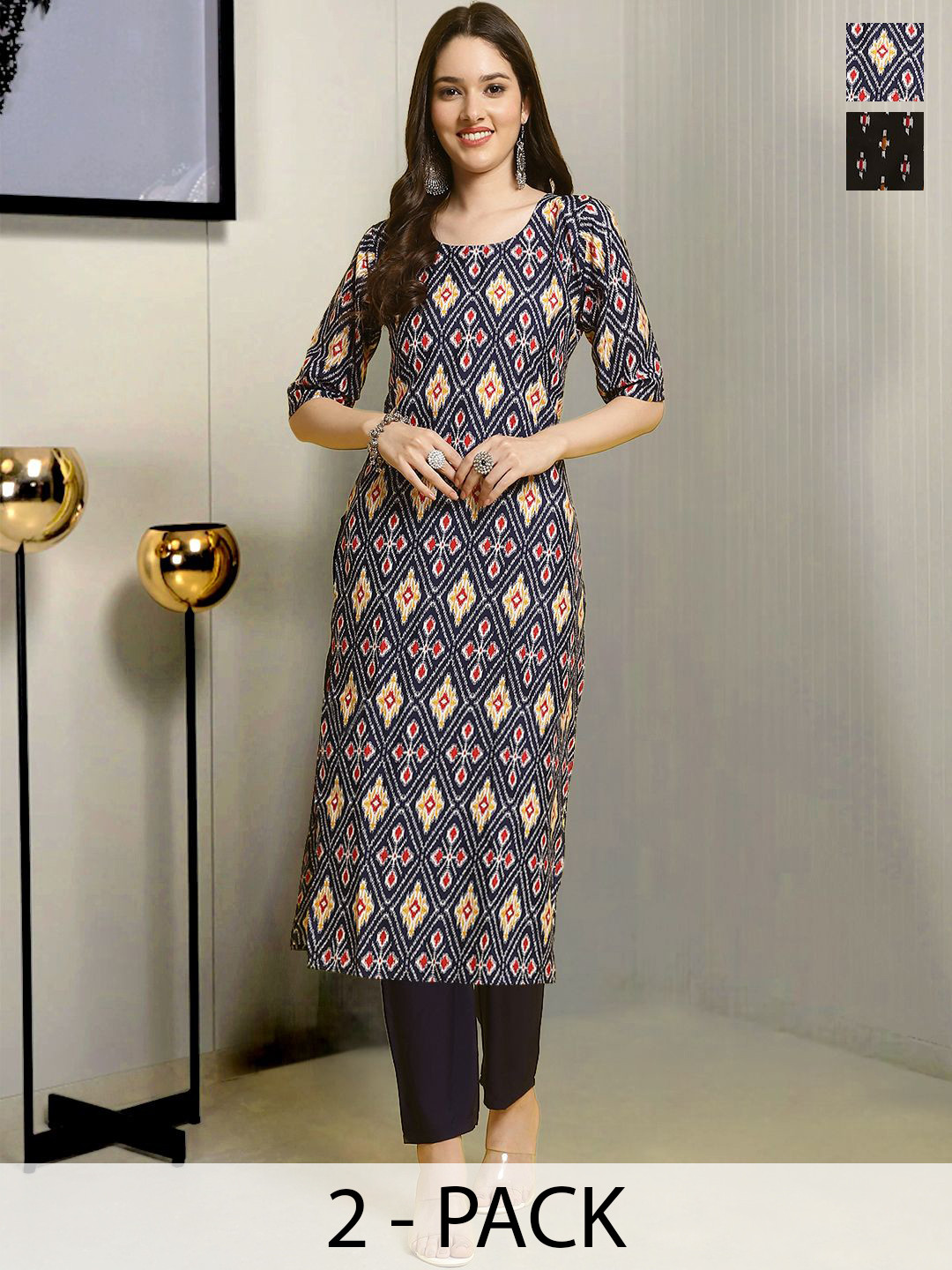 

Moda Rapido Selection Of 2 Ethnic Motifs Printed Round Neck Straight Kurtas With Trousers, Navy blue