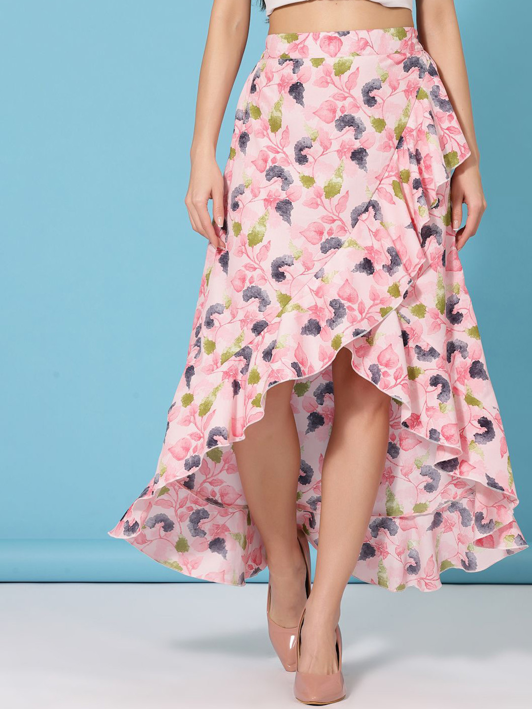 

Oomph! Women Floral Printed Wrap High-Low Midi Skirt, Pink