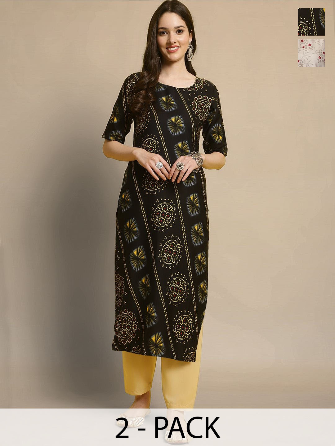 

Moda Rapido Selection Of 2 Floral Printed Straight Kurta With Trousers, Black