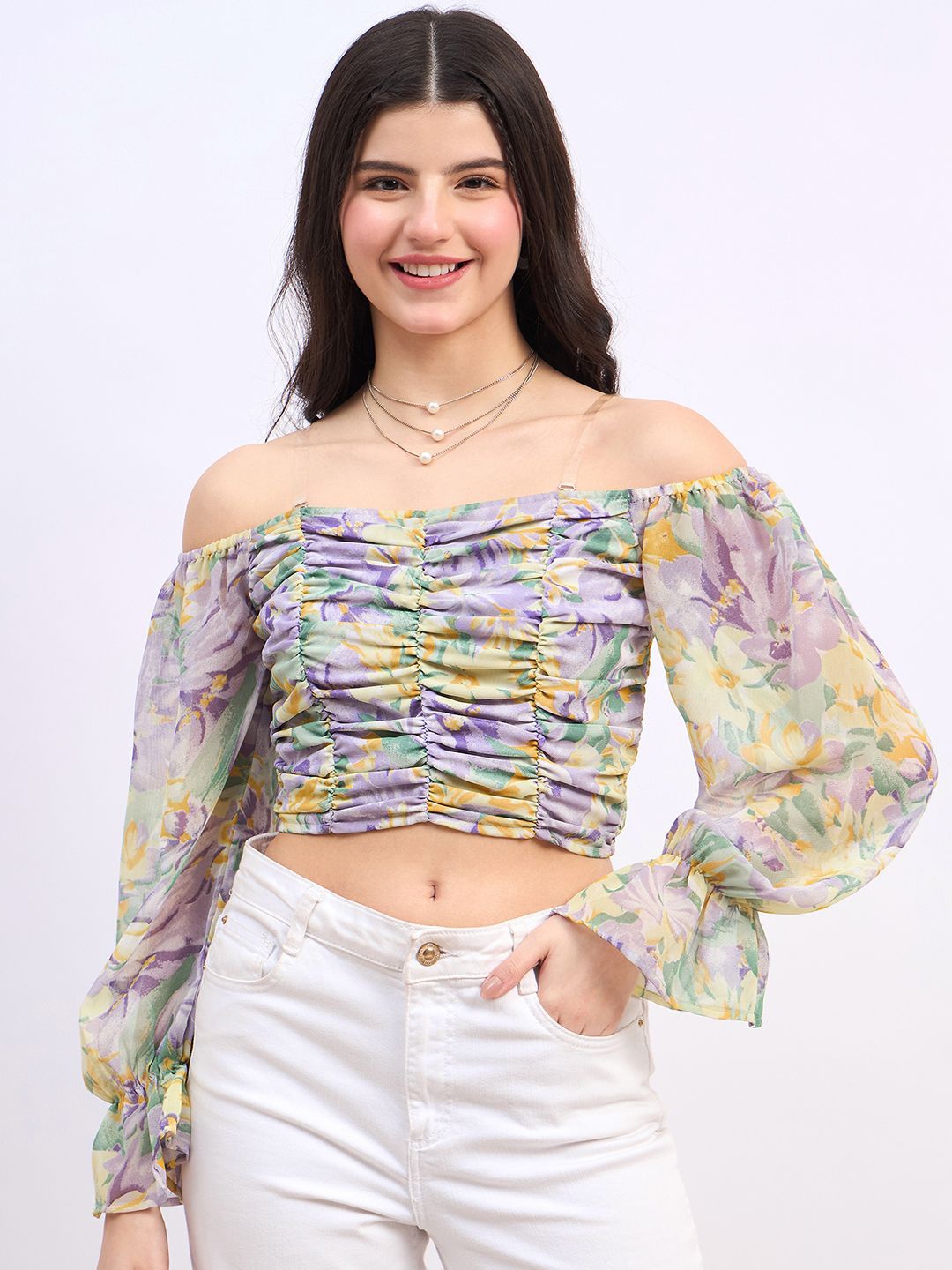 

Berrylush Floral Print Bishop Sleeves Georgette Crop Top, Purple