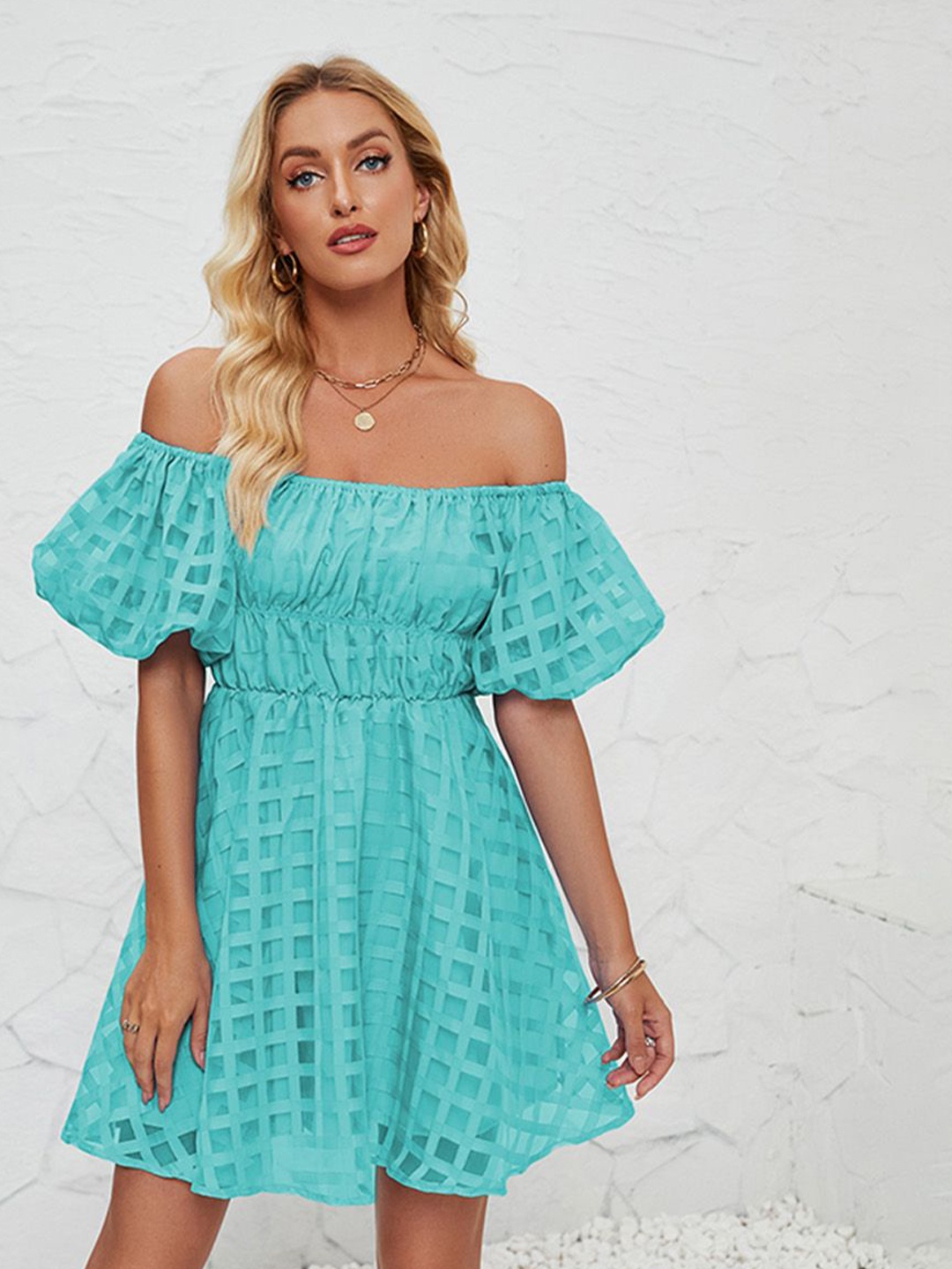 

JC Mode Off-Shoulder Flared Sleeve Fit & Flare Dress, Turquoise blue
