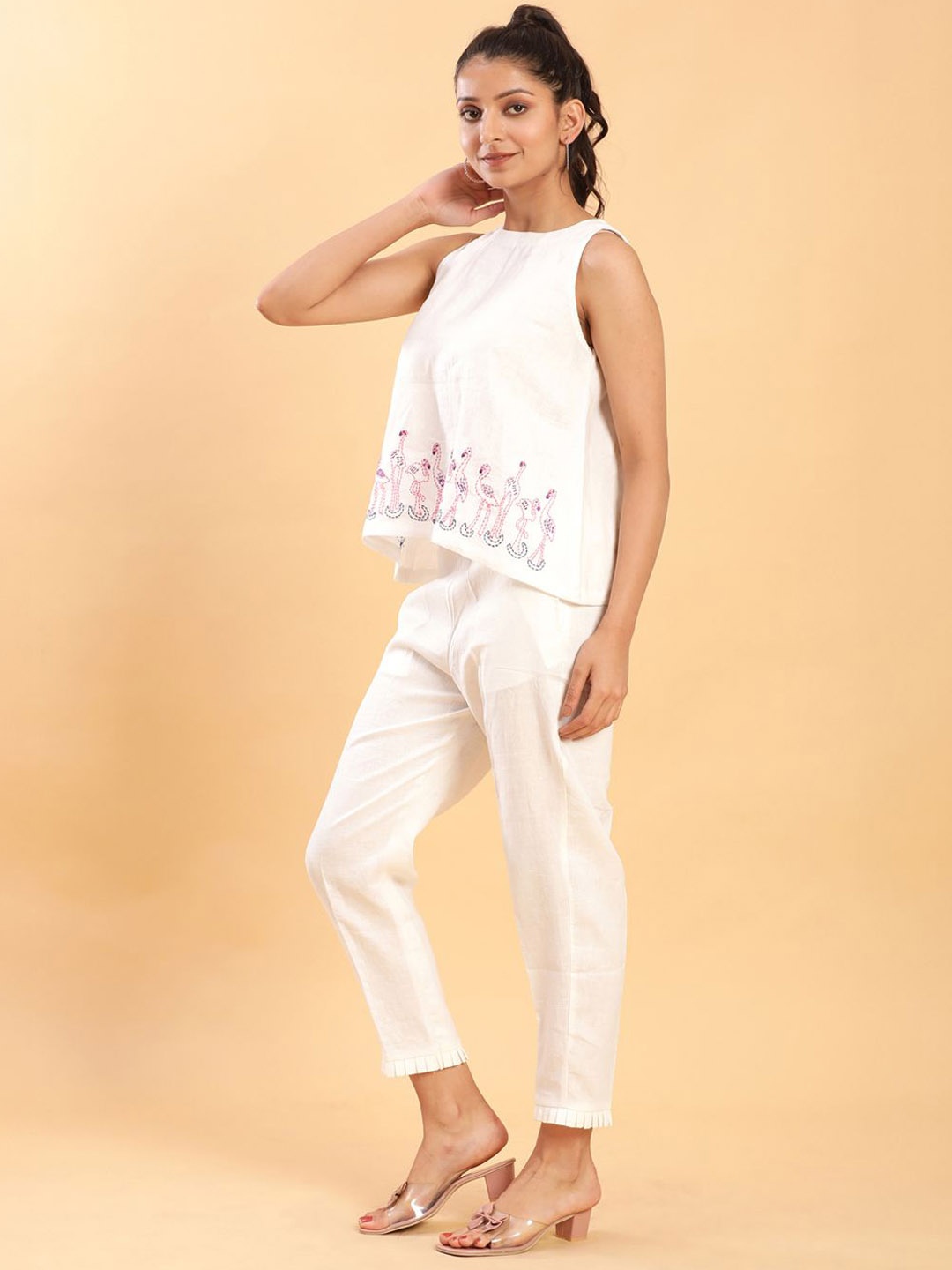 

BohoJazz Flamingo Embroidered Linen Co-ord Set, White