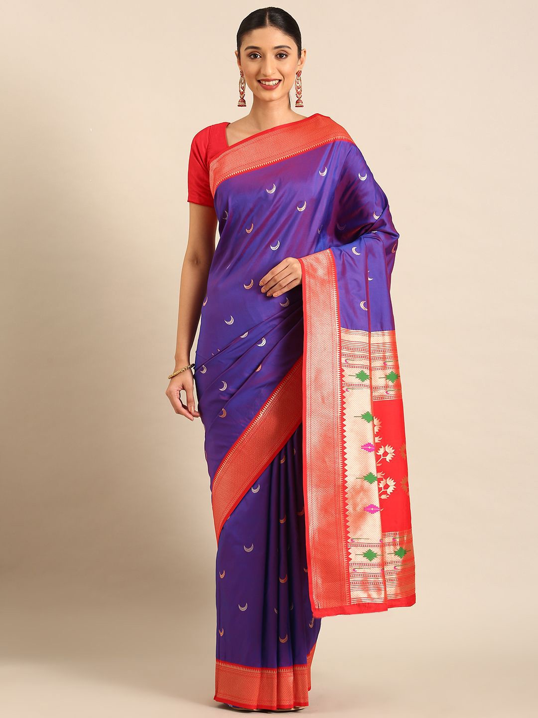 

DIVASTRI Woven Design Zari Silk Blend Designer Paithani Saree, Purple