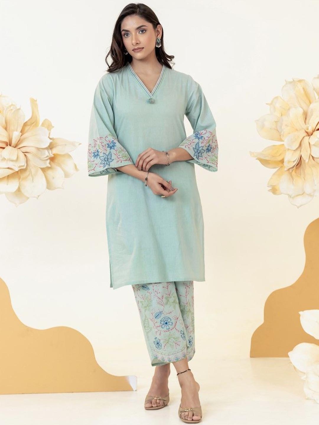 

AUTUMN LANE Women Yoke Design Regular Thread Work Pure Cotton Kurta with Palazzos, Blue
