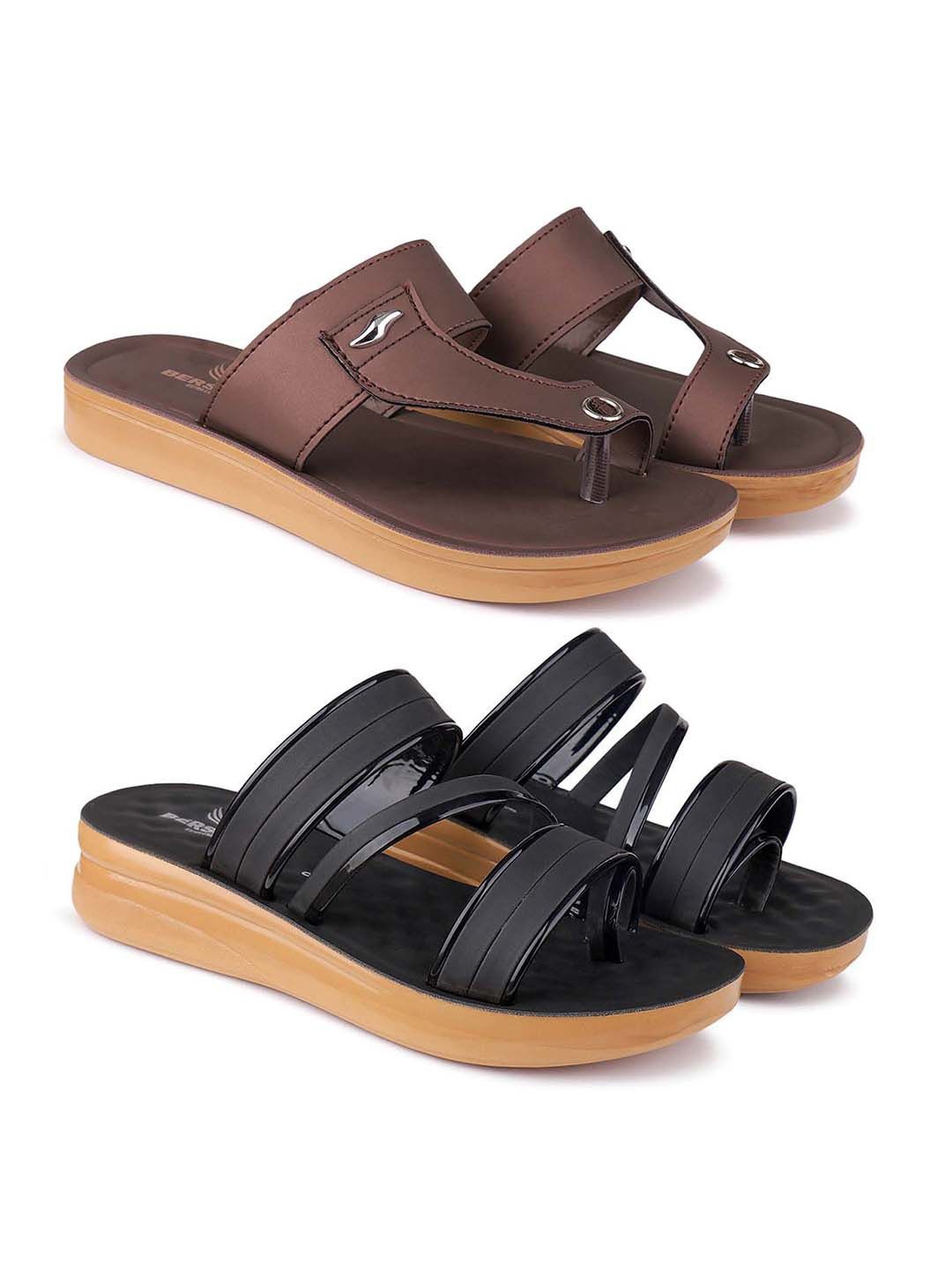 

BERSACHE Set Of 2 Ultra Soft Technology Open Toe Flats, Brown