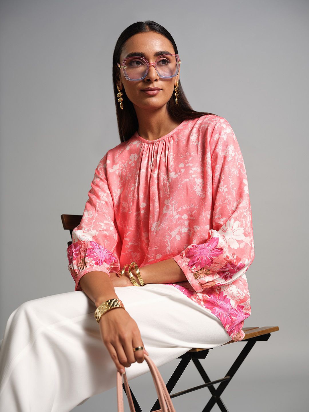 

AND Floral Print Puff Sleeve Top, Coral