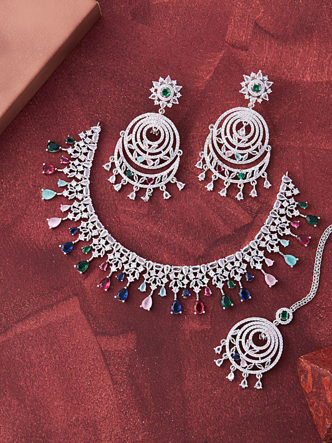 

Feelwhiz Silver-Plated American Diamond Stone-Studded Jewellery Set, White