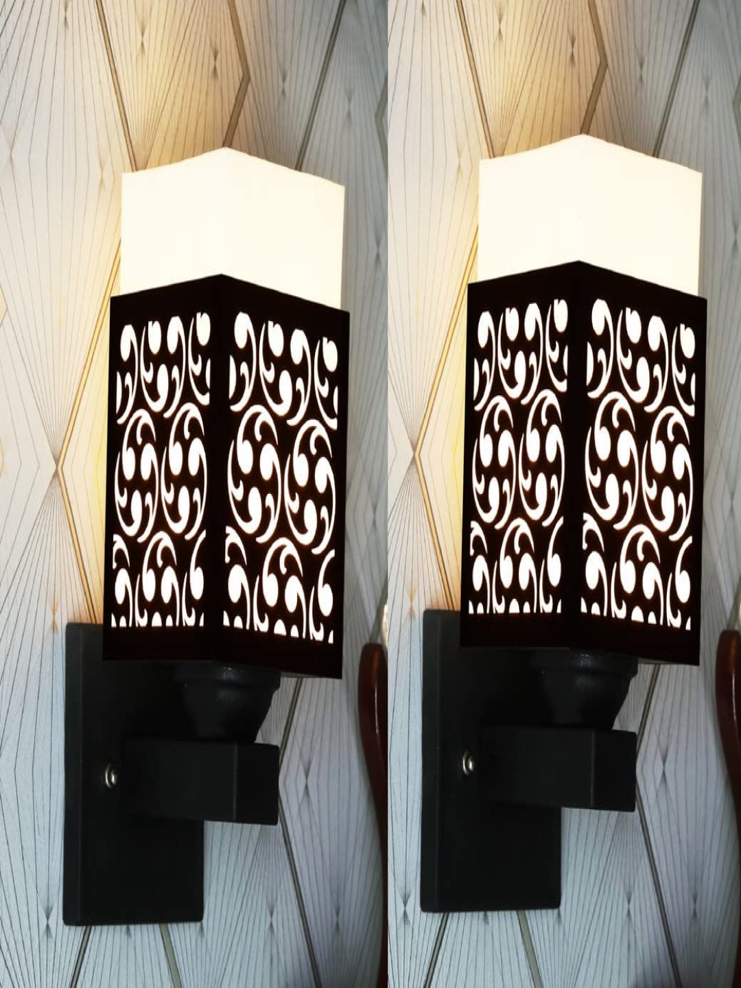 

Gojeeva Black and White 2 Pieces Textured Wooden Square Shaped Wall Lamps