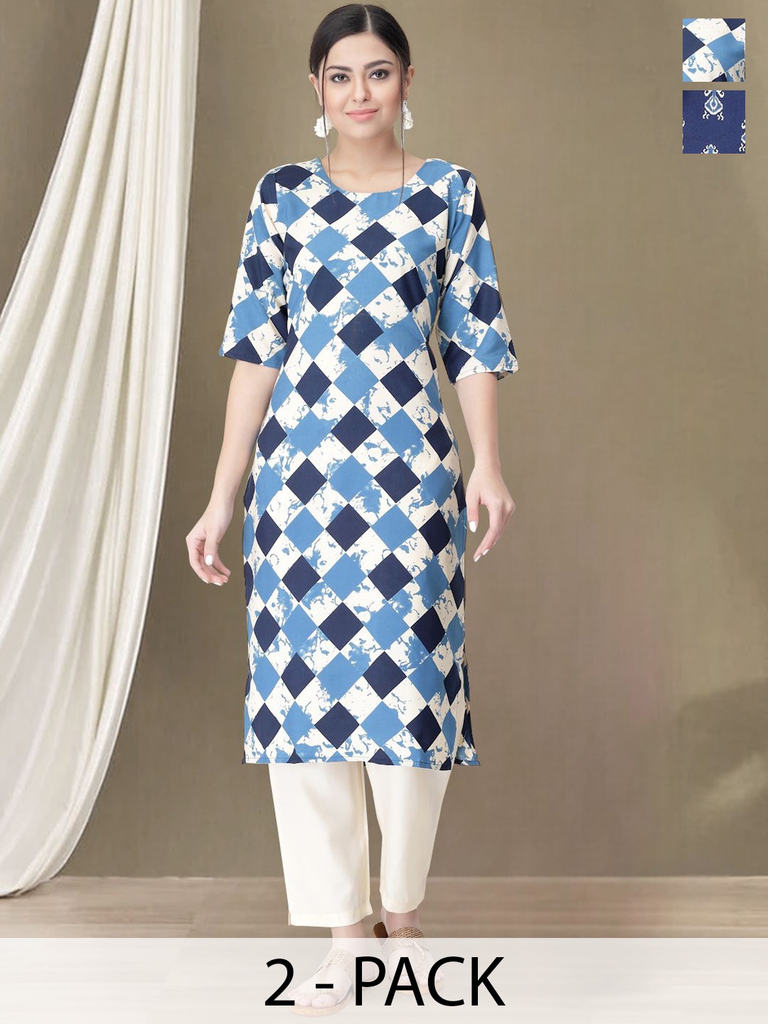 

Moda Rapido Selection Of 2 Geometric Printed Round Neck Straight Kurtas With Trousers, Blue