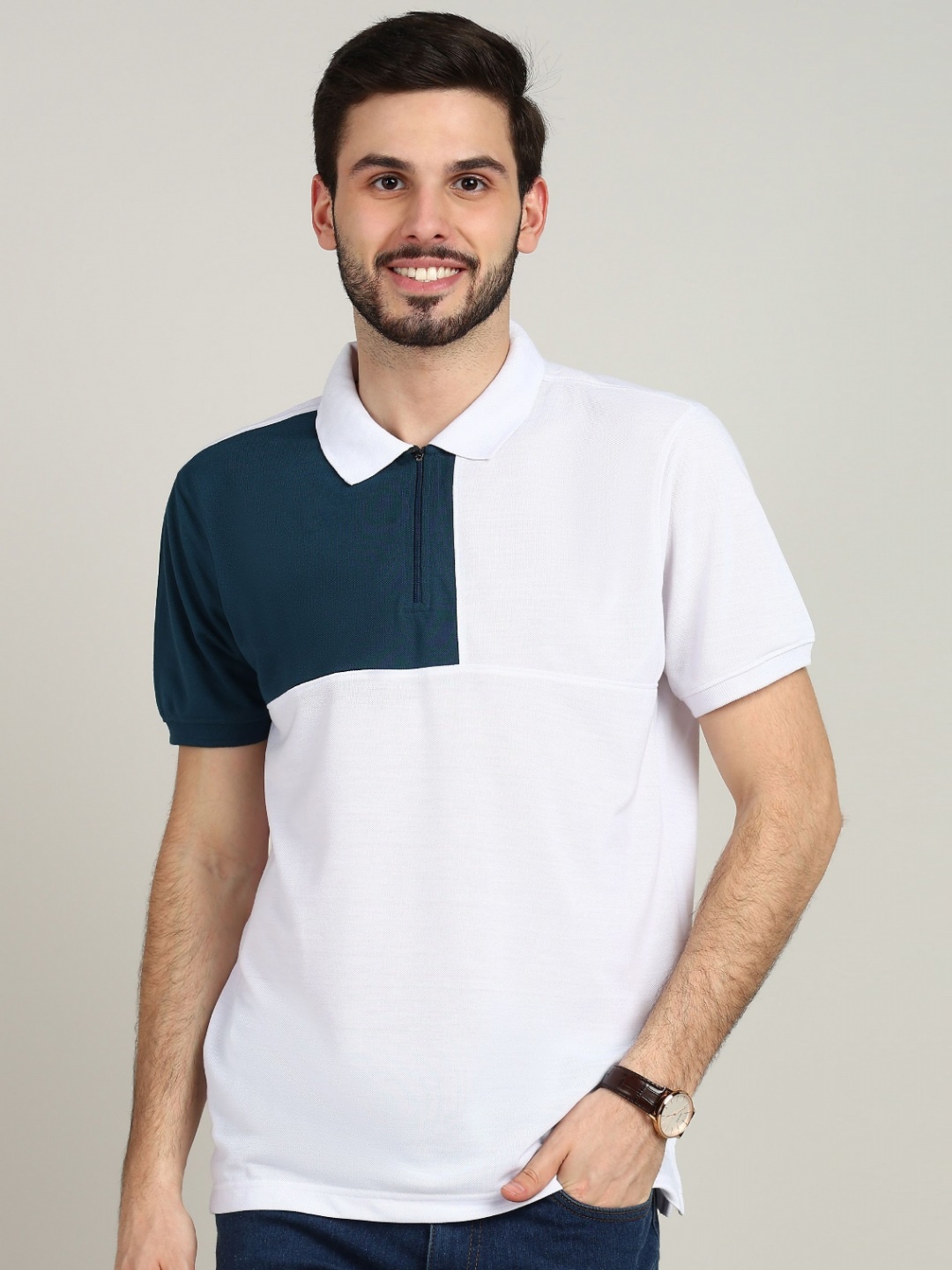 

XFOX Men Colourblocked Polo Collar T-shirt, White