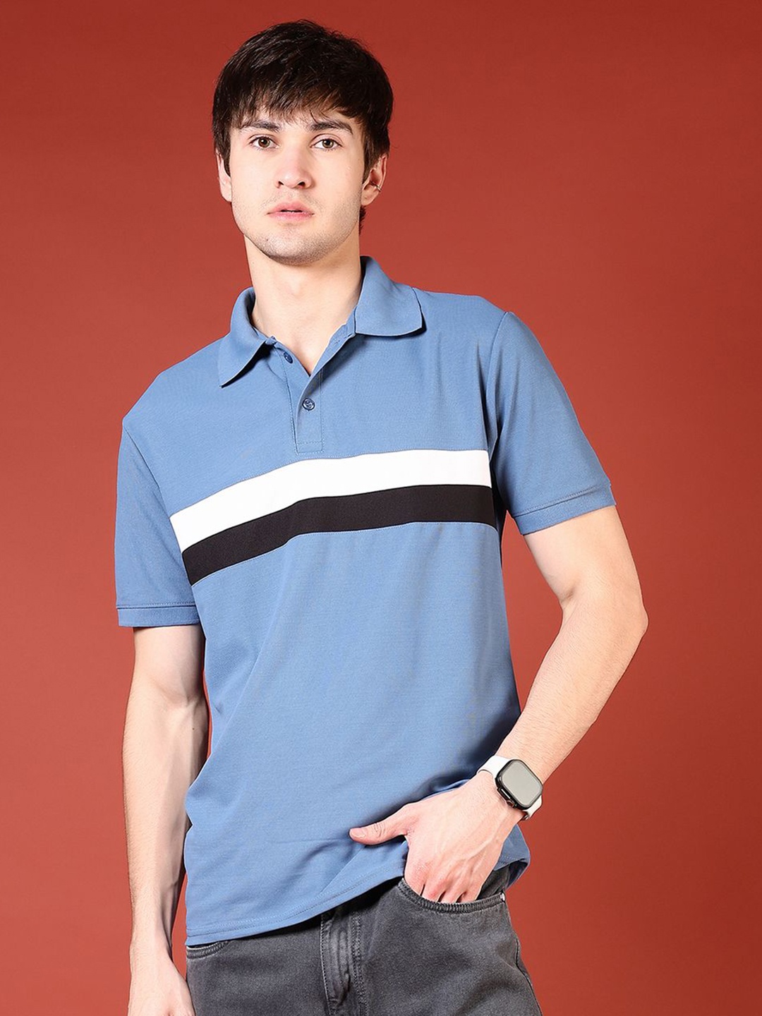 

V-Mart Men Colourblocked Polo Collar Pockets Slim Fit T-shirt, Blue