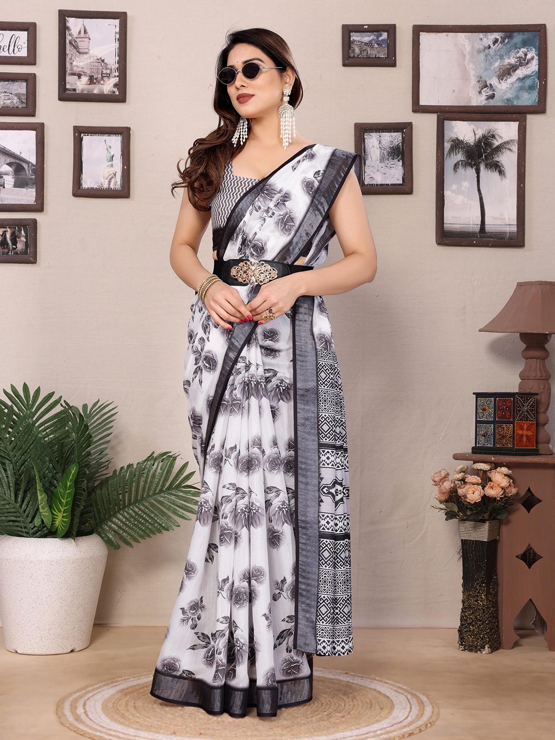 

WEAREZEE Floral Linen Blend Saree, White