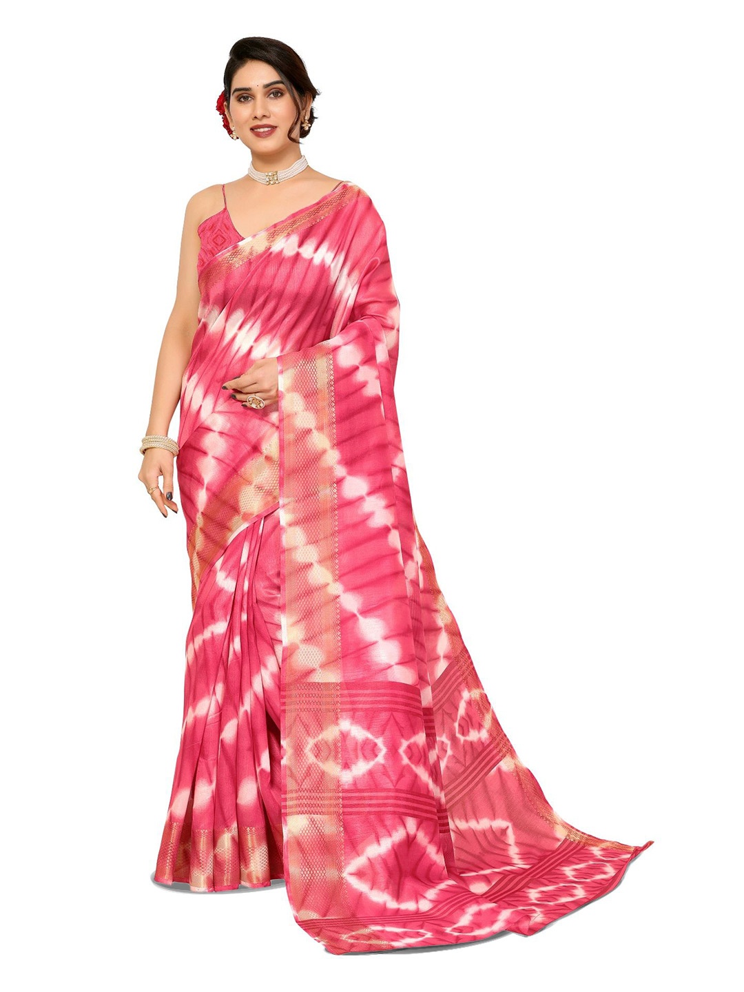 

Moda Rapido Tie and Dye Zari Saree, Pink