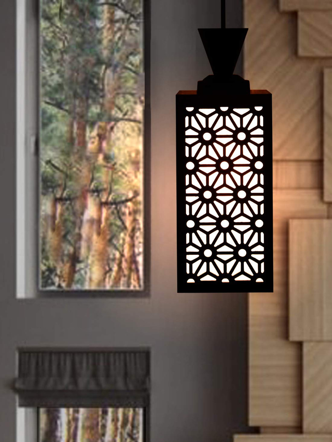 

Gojeeva Black & White Textured Wooden Rectangle Shaped Hanging Ceiling Lamp