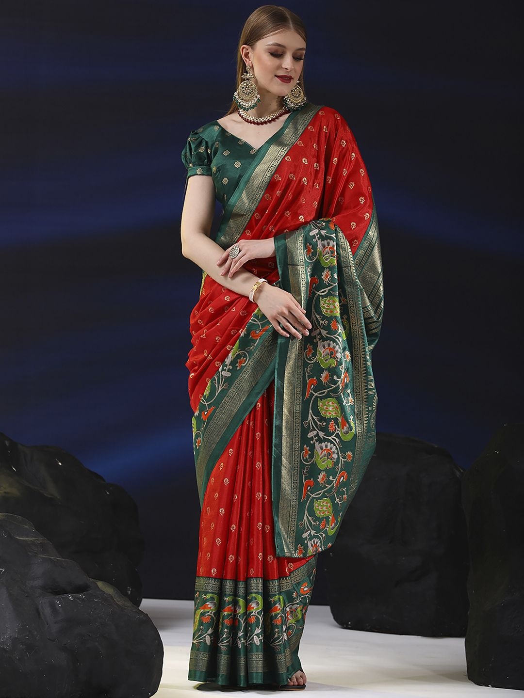 

Anouk Rustic Floral Zari Silk Blend Bagh Saree, Red