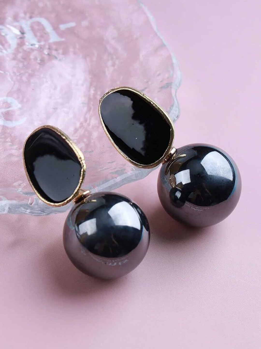 

Celestique Pearls Beaded Geometric Shaped Korean Drop Earrings, Black