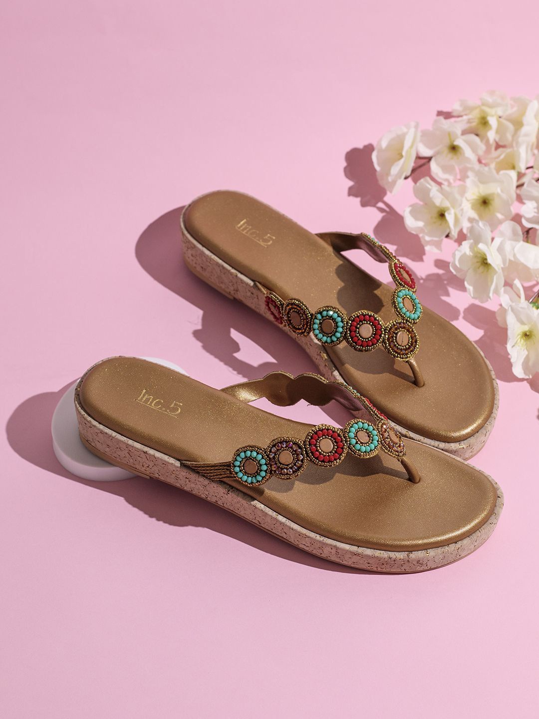 

Inc 5 Women Embellished Open Toe T-Strap Flats, Gold