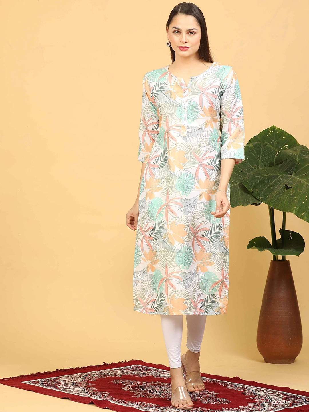 

GOLDSTROMS Floral Printed Linen Straight Kurta, Orange